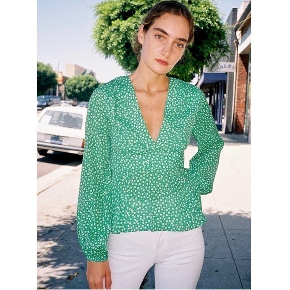 RIXO Silk Ditsy Floral Puff Long Sleeve V-Neck Empire Waist Ruffle Peplum Top XS - Picture 9 of 13